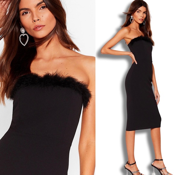 Nasty Gal Dresses & Skirts - Nasty Gal Black Feather Trim Midi Dress Sz. 10